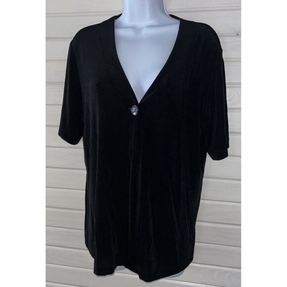 VTG CHICOS TRAVELERS Sz 2 (LARGE) Black 1-Button V-Neck S/S Slinky Cardigan EUC - Picture 1 of 9